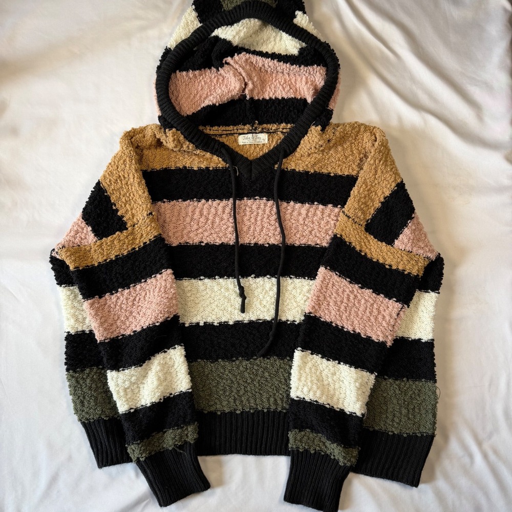 Jolie & Joy Womens Popcorn Knit Striped Hoodie Sweater XL Multicolor Boho Cozy